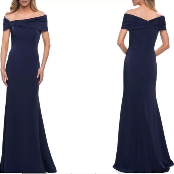 LA FEMME 29537 OFF THE SHOULDER NAVY TRUMPET GOWN SIZE 8 NWT $418 - Picture 1 of 7